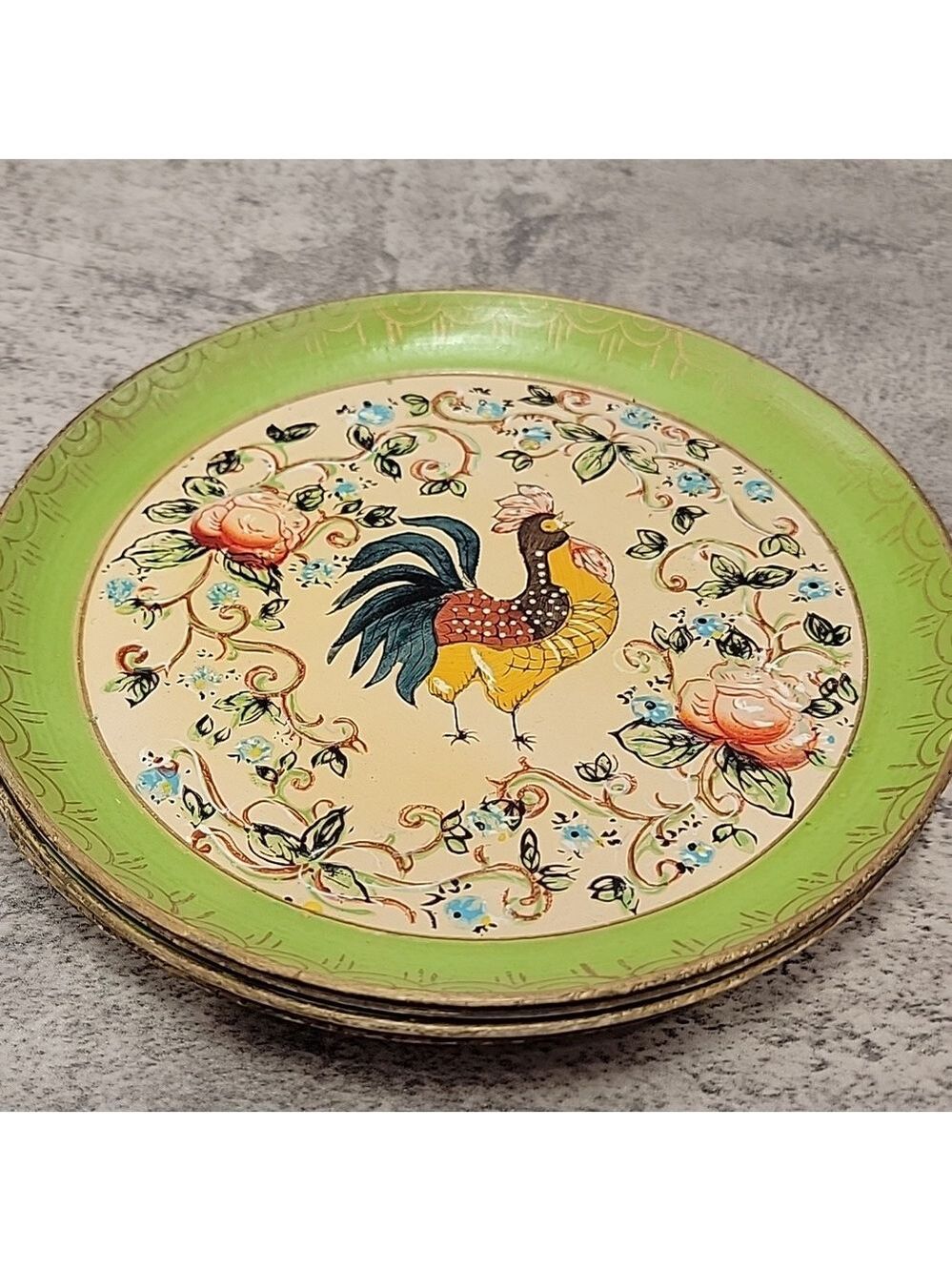 Vintage Four Isco Rooster Plates Trays Hand Painted Paper Mache - Picture 4 of 4